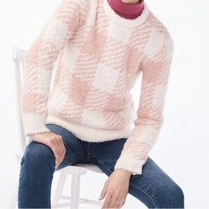 J. CREW Boucle Buffalo Check Plaid Chunky Sweater Pink White Wool Alpaca Size XL